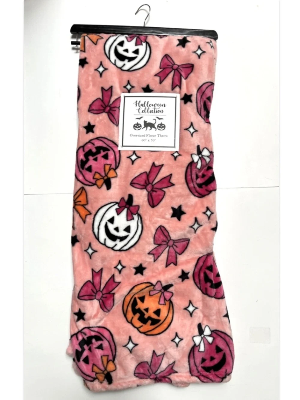 Pink Halloween Plush Throw Blanket Pumpkins Bows Fleece 60x70 Soft Cozy